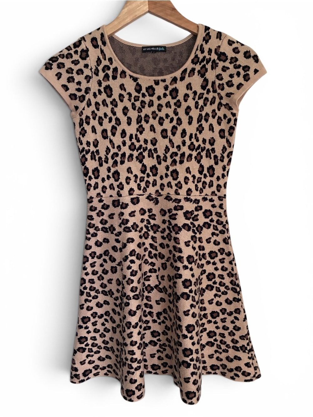 MyMichelle Girls Leopard Print Knit Party Wear Skater Dress Beige/Black Sz L